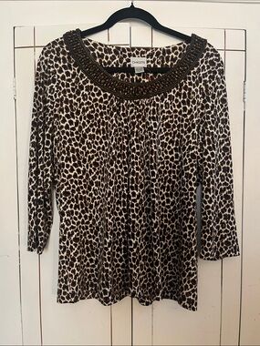 Chico's Leopard-Print Long Sleeve Top with Beaded Neckline — Brown & Cream